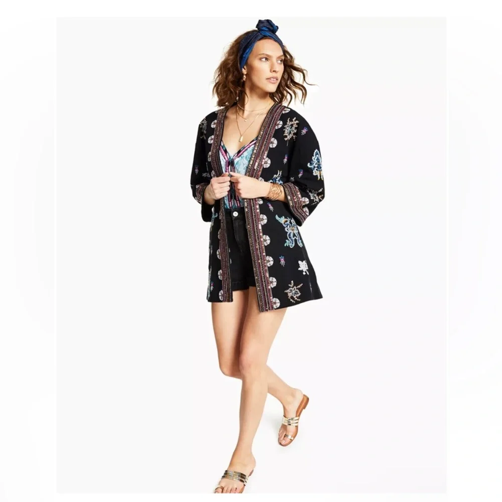 Cotton Embroidered Open-Front Jacket - Picture 3 of 7